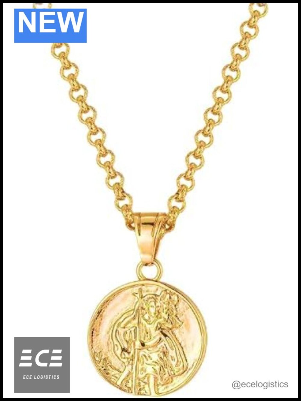 Gold Plated St Christopher Pendant Necklace, 4mm 22in Chain, Unisex Gift